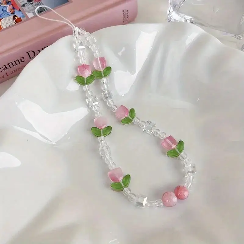 1Pc Cute Peach Beaded Mobile Phone Charm Strap XYun, Women Sweet Girls Jewelry, Pearl Cellphone Flower Lanyard for Keychain DYM image 4