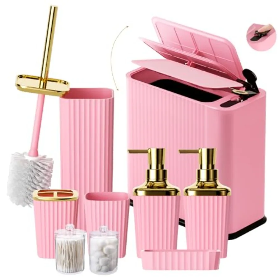 

9-Piece Bathroom Accessories Set - Cute and Functional Set with Slim Trash Can Soap Dish and Jars - Ideal Gift for Girls Dorm R