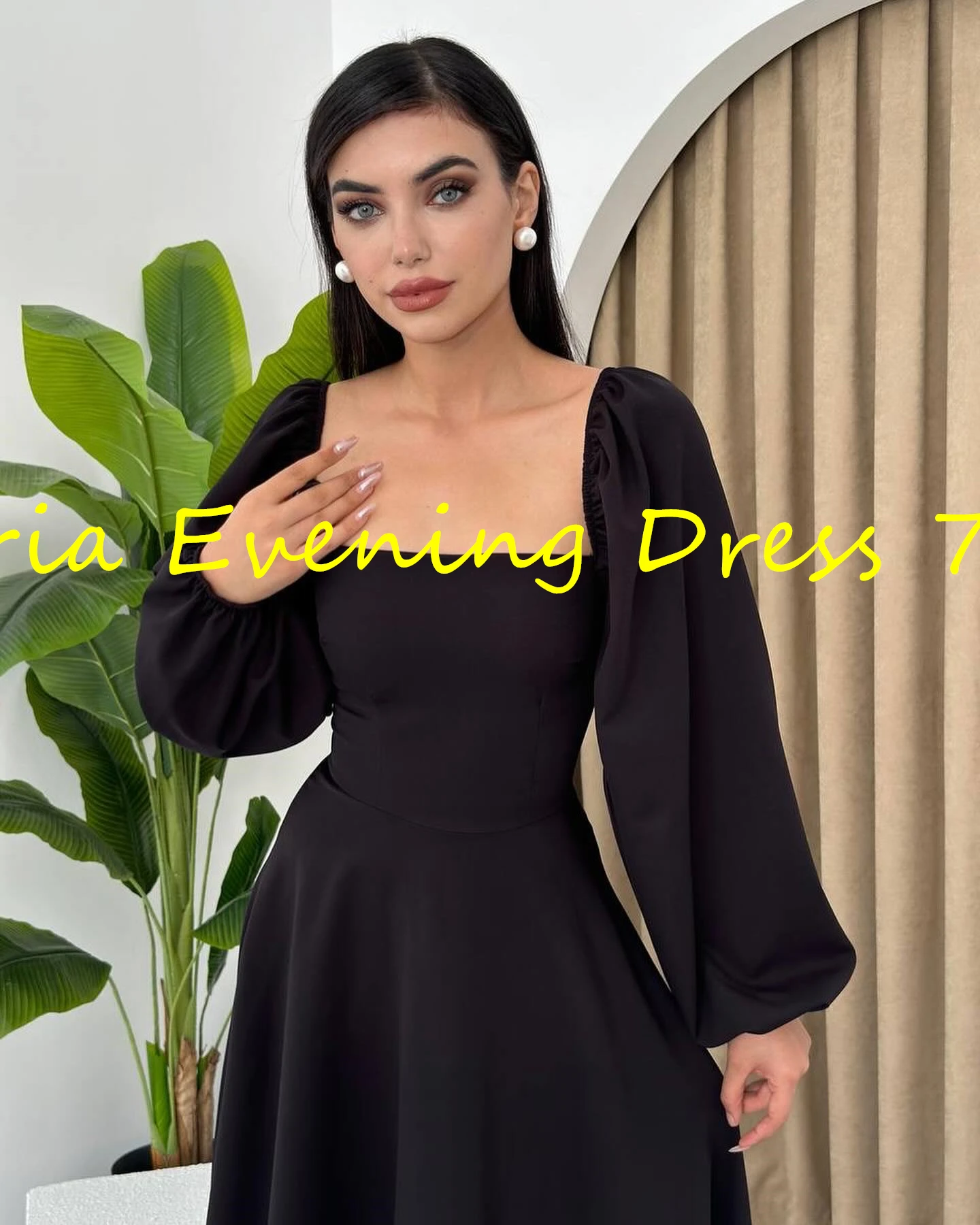 Vestido de noche moderno personalizado, corte en A, longitud del té, cuello cuadrado, Jersey, manga larga, elegante, Color de foto, vestidos para mujer