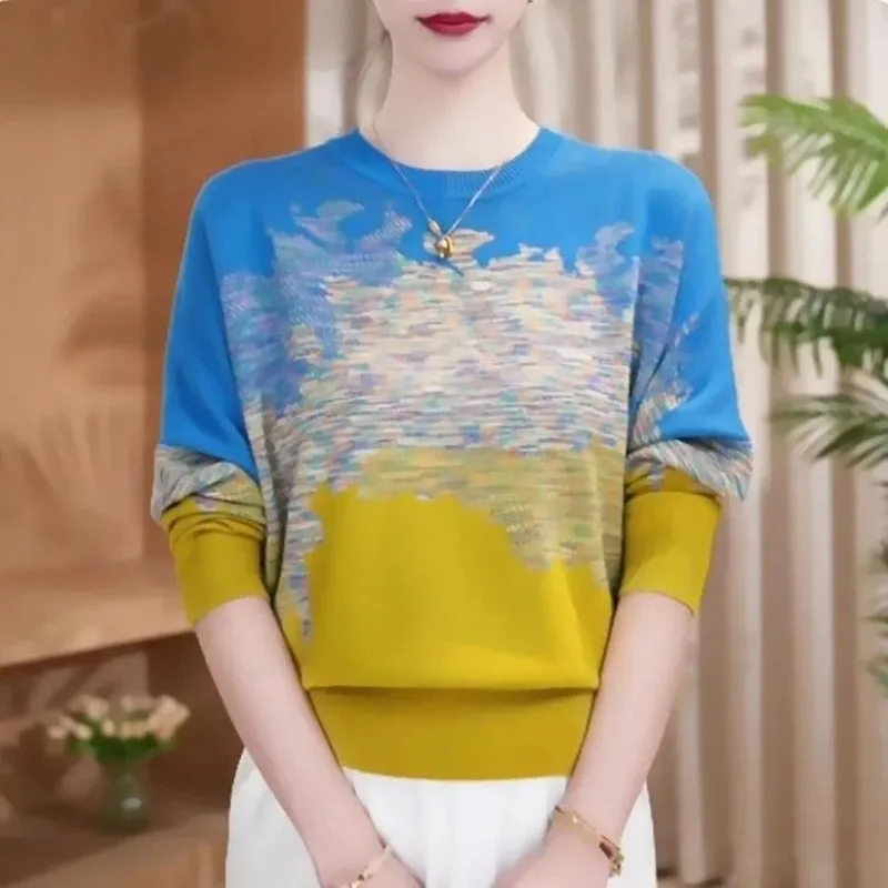 Temperament Loose Sweater Autumn and Winter New Fashionable Color-blocking Long-sleeved Sweater Base Elegant Versatile Top