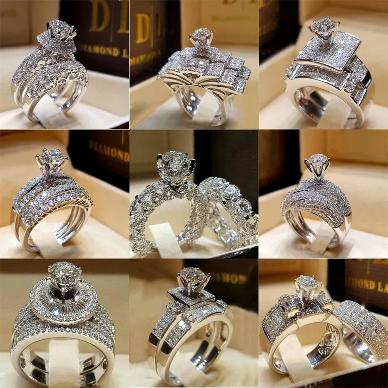 2 PCS/Set Series ! Trendy Milangirl White Crystal Round Ring Set For Women Girls Wedding Engagement Party Fashion Jewelry