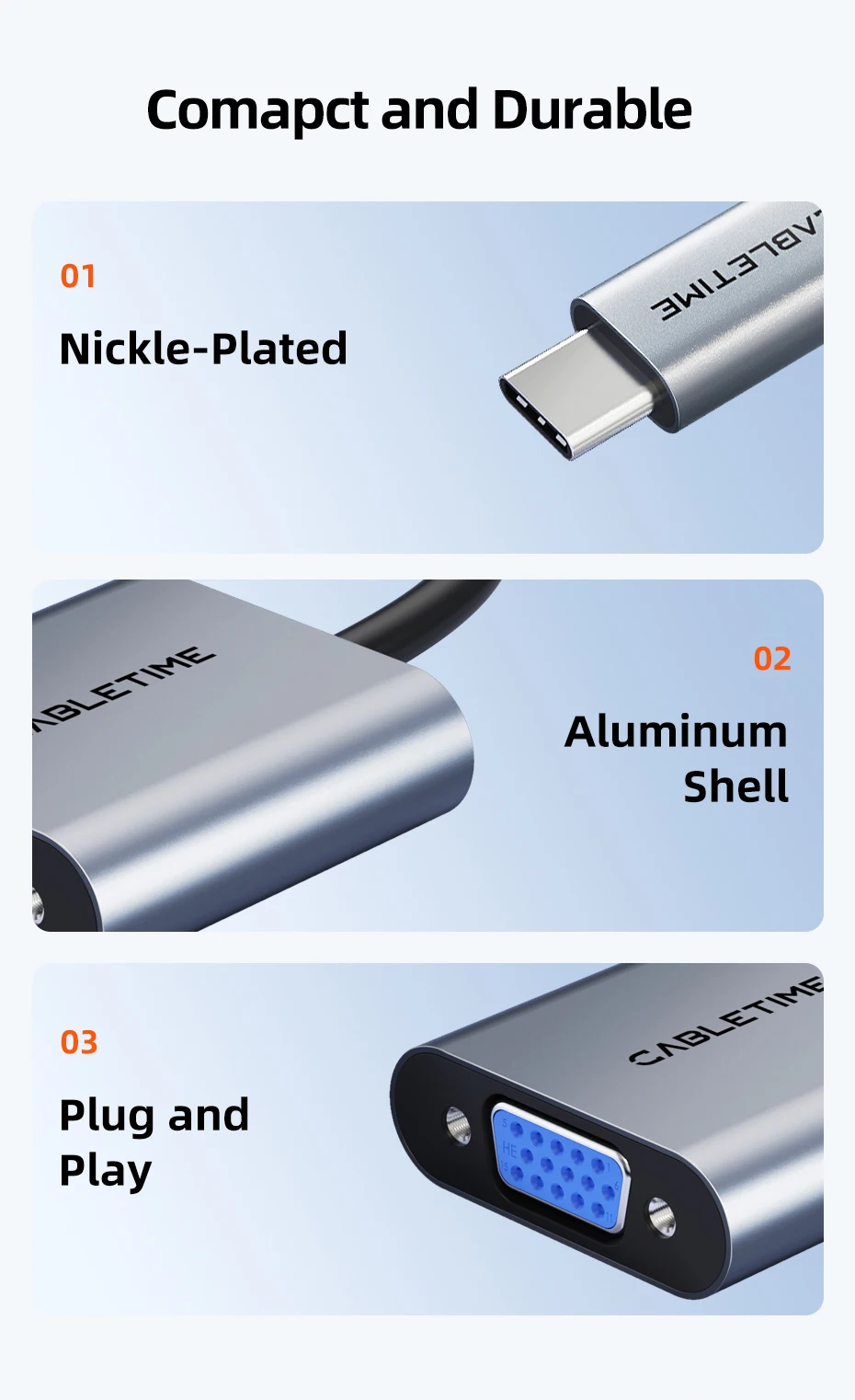 CABLETIME Typ-C zu VGA Adapter HD 1080p 60Hz Kabelkonverter USB-C zu VGA Buchsenadapter für iPhone iPad PC Typ-C Adapter – Detail 5