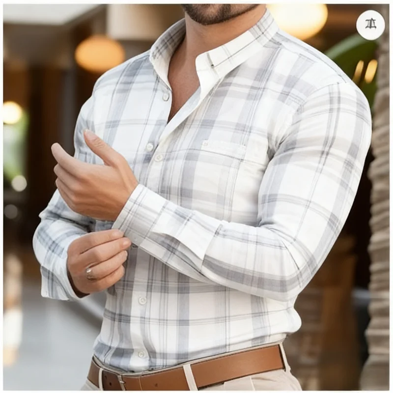 

2026 men's business long sleeved checkered shirt, casual breathable checkered collar shirt with chest pocket