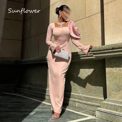 Sunflower Simple Pink Square Collar 3D Flowers Crepe Mermaid Prom dress 2024 Slim Long Sleeve Ankle-Length Formal Evening Dress