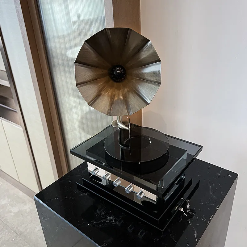 Vintage Crystal Record Player Decor, Retro Phonograph Sculpture for Desk & Shelf, Office Home Decoration & Unique Gift Idea