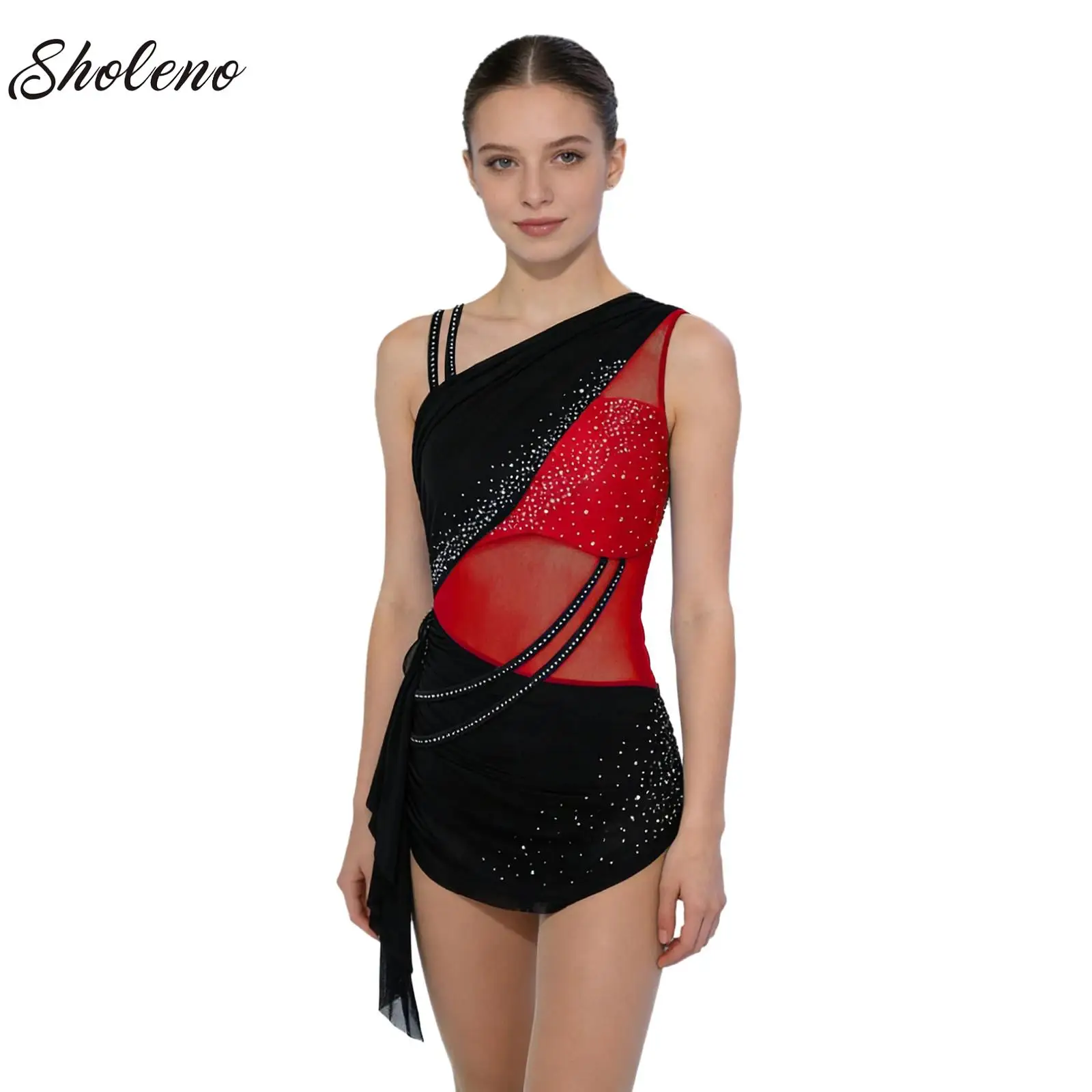

Womens Asymmetrical Shoulder Ruched Skirted Leotard for Ballet Latin Dance Gymnastics Color Block Figure Skating Jumpsuit