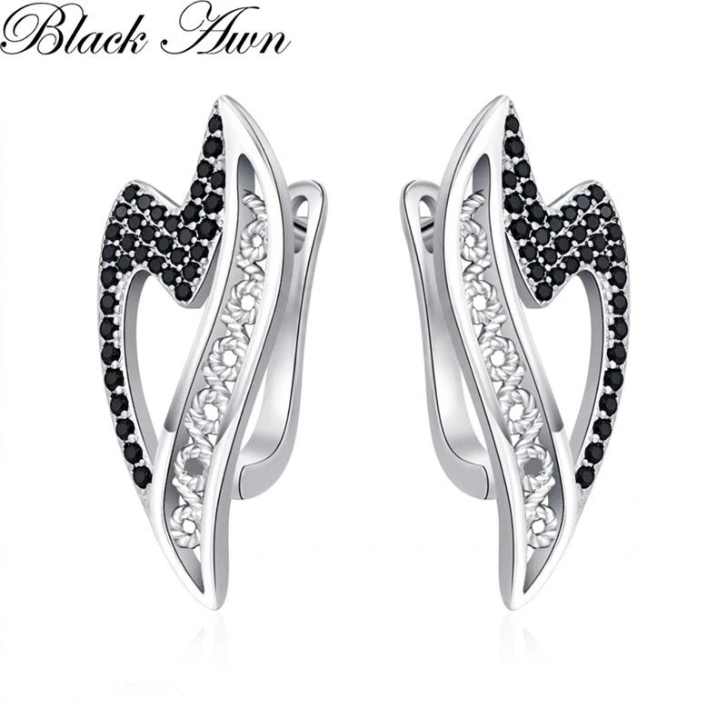 Black Awn 2026 New Heart Hoop Earrings For Women Classic Silver Color Trendy Spinel Engagement Fashion Jewelry I278