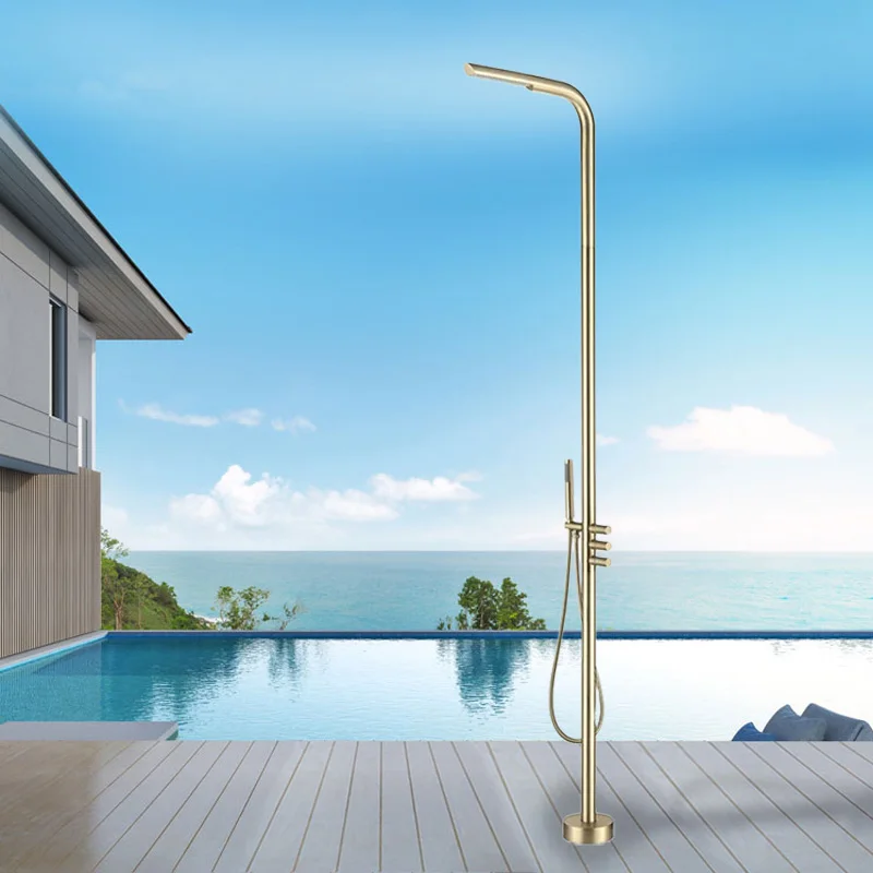 New Design Shower Outdoor Set Mixer standing 3 Handles Brushed Gold Brass Beach Garden Swimming Pool Showerpromote sales