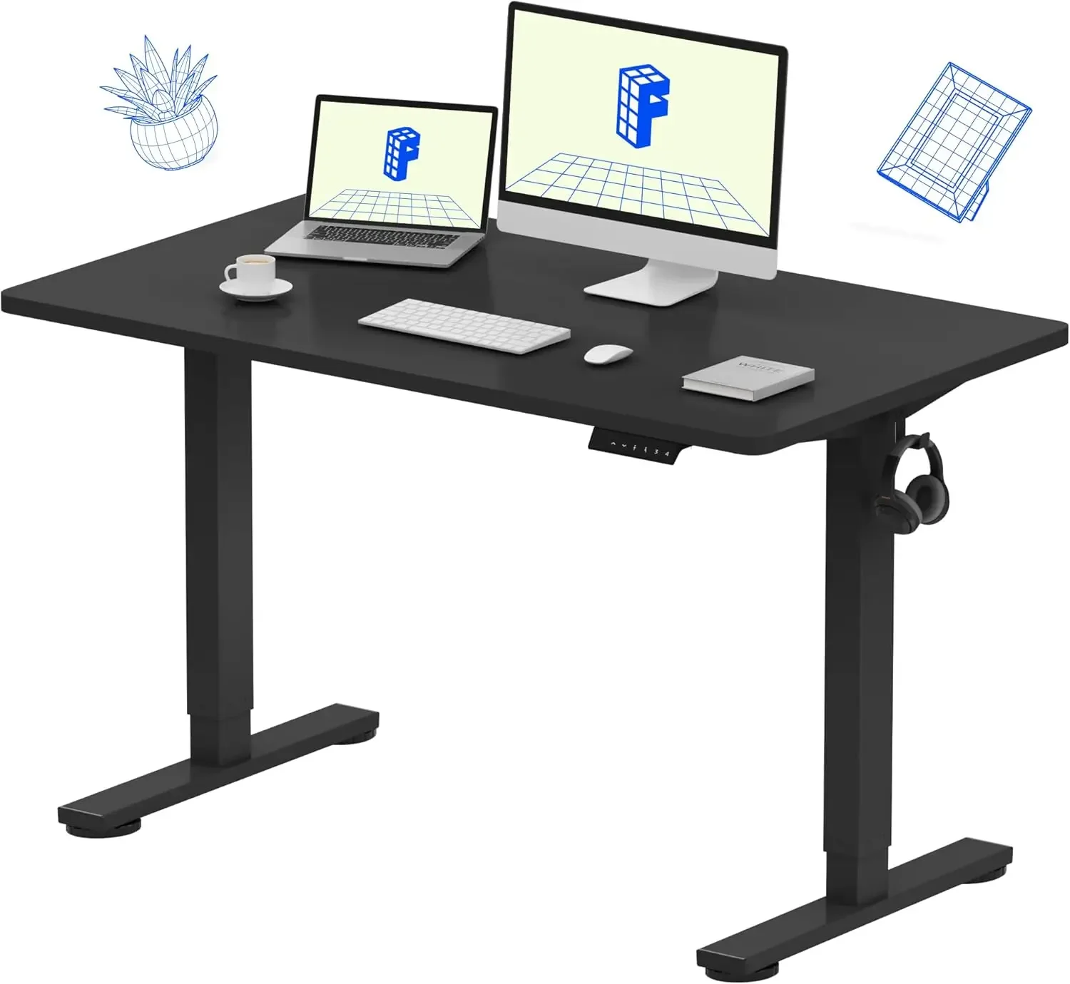 

48 x 24 Inches Electric Height Adjustable Desk Sit Stand Desk Home Office Desks (Black Frame + Black Table Top)