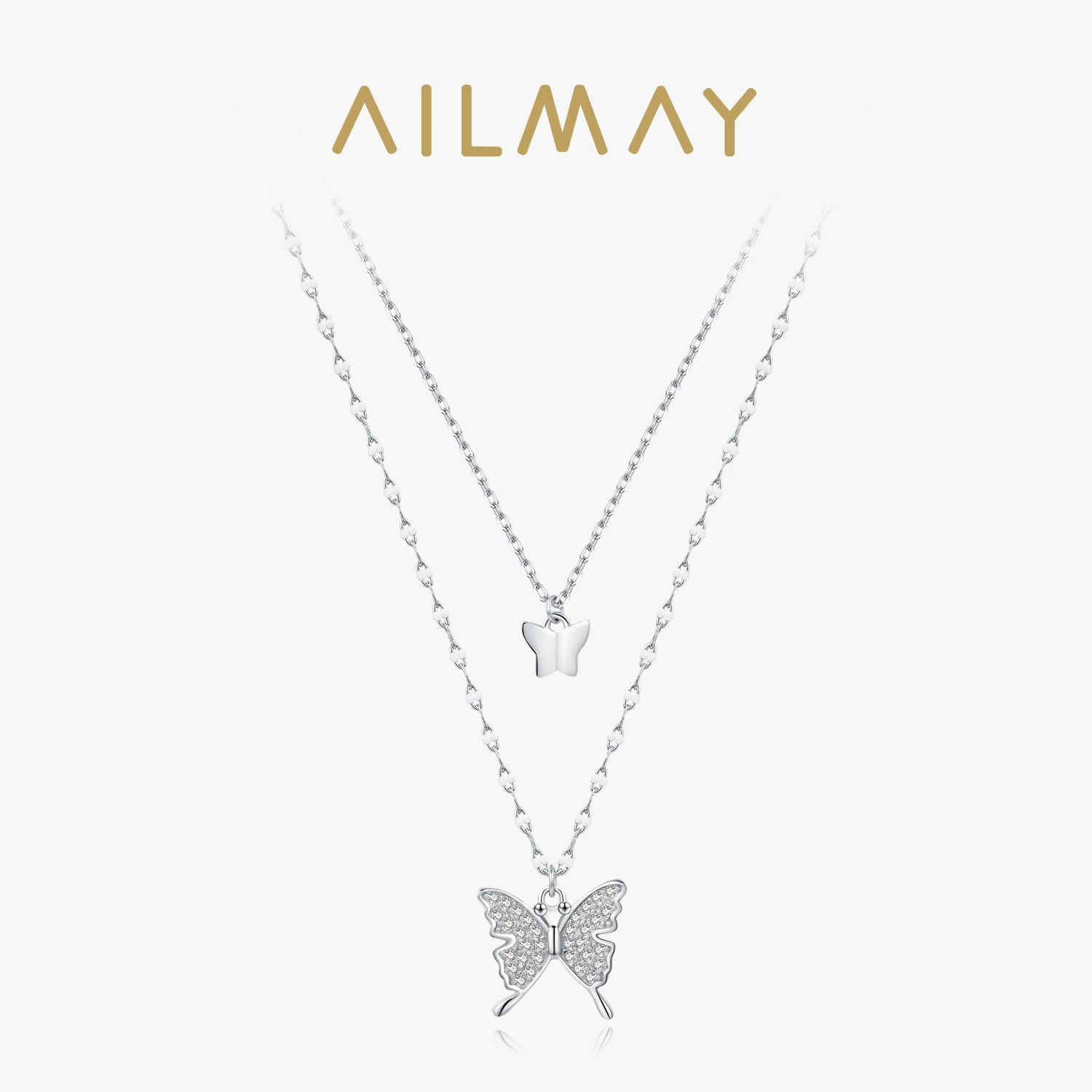 Ailmay Real 925 Sterling Silver Clean CZ Charm Butterfly Animal Bilayer Pendant Necklace For Women & Girls Valentine's Day Gift