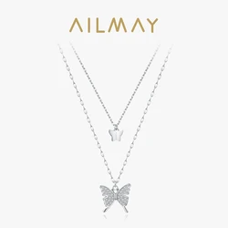 Ailmay Real 925 Sterling Silver Clean CZ Charm Butterfly Animal Bilayer Pendant Necklace For Women & Girls Valentine's Day Gift