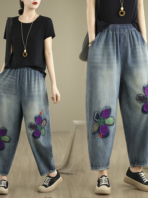 

Повседневные джинсы в стиле пэчворк с вышивкой, женские летние свободные утягивающие шаровары, синие джинсовые брюки с талией, длина из девяти предметов