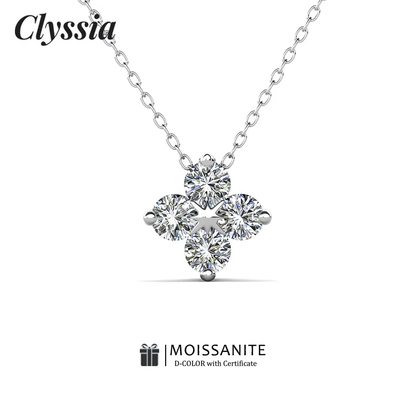 

CLYSSIA Dainty D Color Moissanite 4-leaf Pendant Necklace 925 Sterling Silver with 18K White Gold Plated Luxury Jewelry with GRA