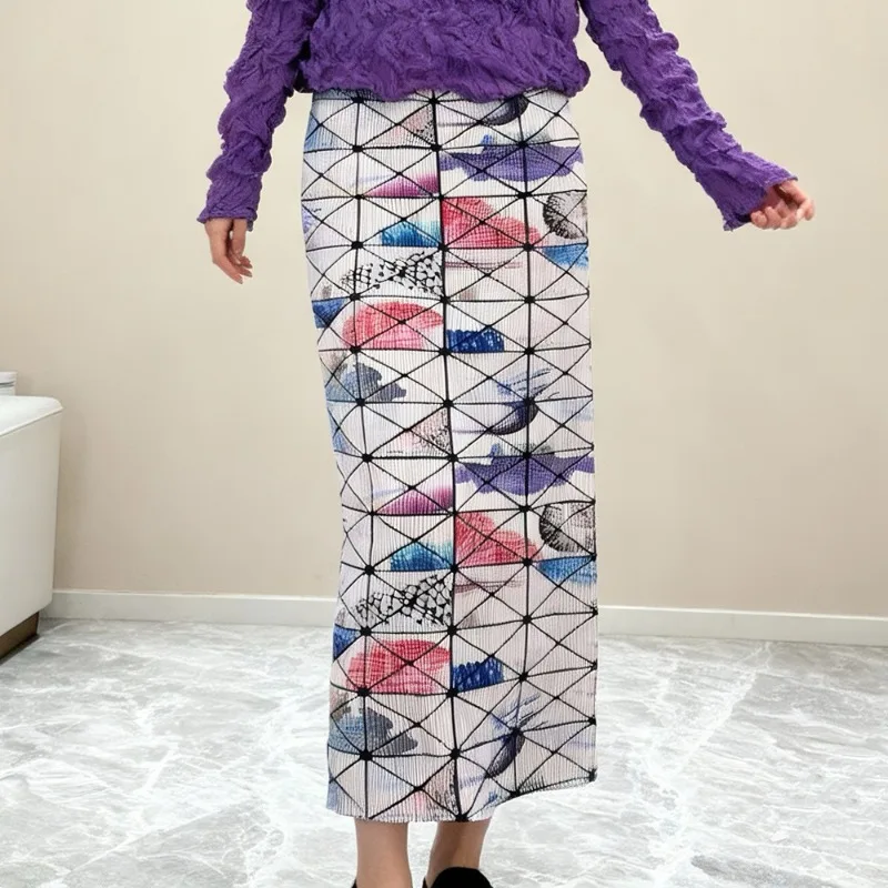 

Miyake Fashion Pleated Plaid Printed Half-skirt Women's Personalized Slim Thin High Waist Long Skirt Casual Vacation Clothing