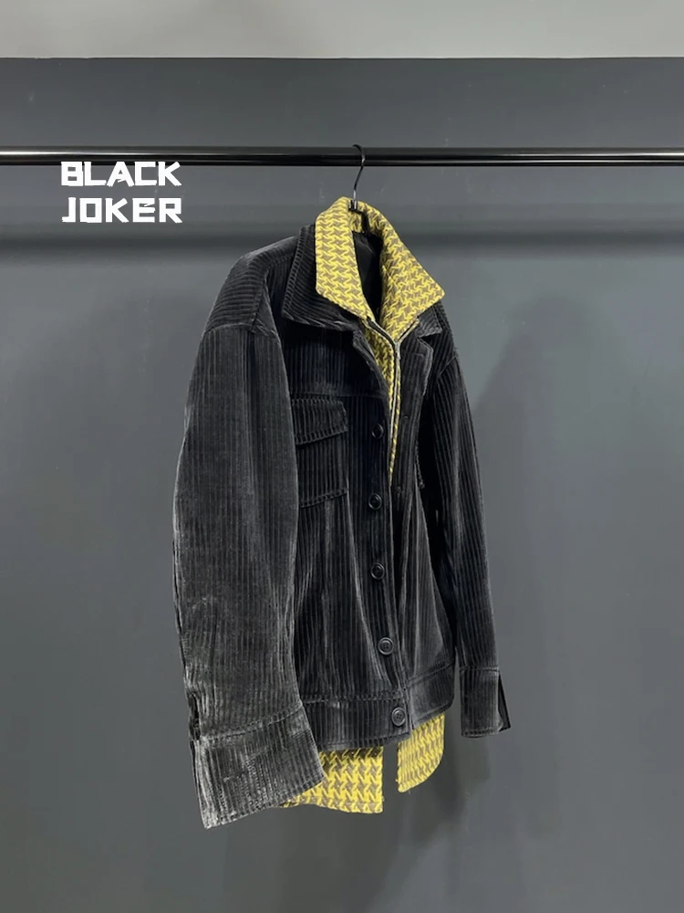 BLACK JOKER Original design Fake two-piece corduroy jacket Yellow Houndstooth pattern Double-layered coat Unisex jackets tops