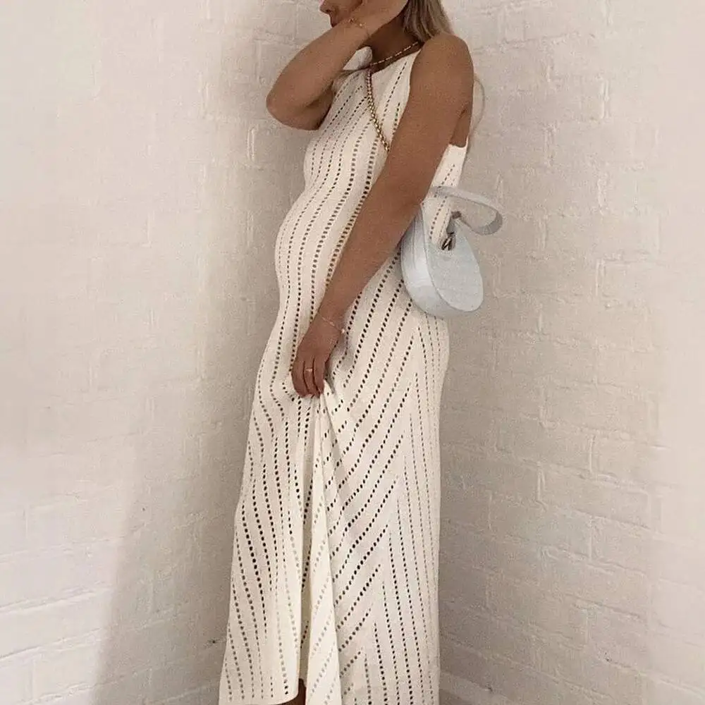 Women's Sleeveless Dress 2025 Summer New Solid Color Knit Dress Cutout Crew Neck Sexy Hollow Out Beach Cover Up Maxi Dress