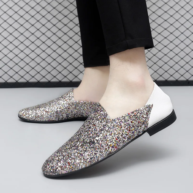 Men Autumn Loafers Patchwork Sequined Social Shoes Personalized Trendy Breathable Lightweight  Comfortable DJ Hairstylist Shoes