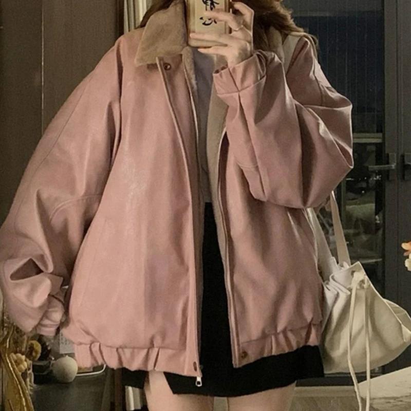 Pink thickened and fleece-lined PU leather jacket for women, winter 2025 vintage loose-fitting warm cotton coat