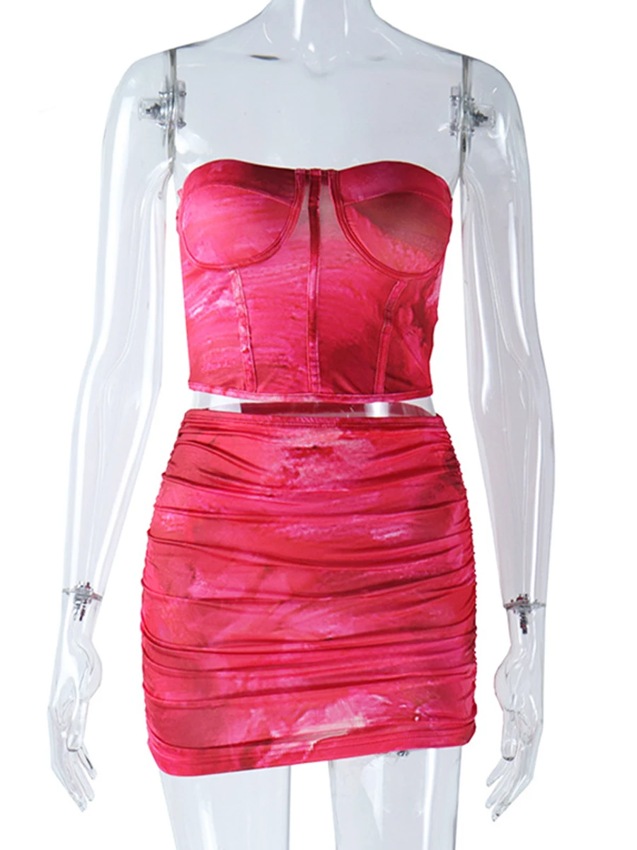 ZIML Set Dua Potong Cetak Warna Populer untuk Wanita Rompi Punggung Terbuka Tanpa Lengan Tanpa Tali Rok Mini Pinggang Tinggi Set Chic Wanita Baru