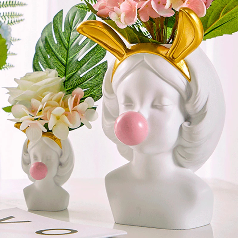 Nordic resin vase white flowerpot cute girl blowing bubble sculpture Modern creative home decoration avatar vase Desktop decor.