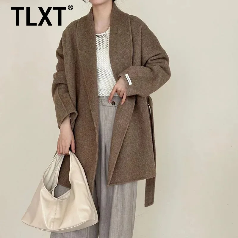 

TLXT fashion women's Bathrobe Style Shawl Collar Tie-Up Raglan Sleeve Mid-Length Double-faced Woolen Coat Winter New Loose Thick