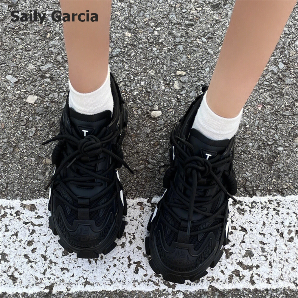 Sapatilhas de plataforma Black Air Mesh para mulheres, impermeáveis, com renda, todos os jogos, caminhada, corrida, monocromática, simples, novo, moda, 2023