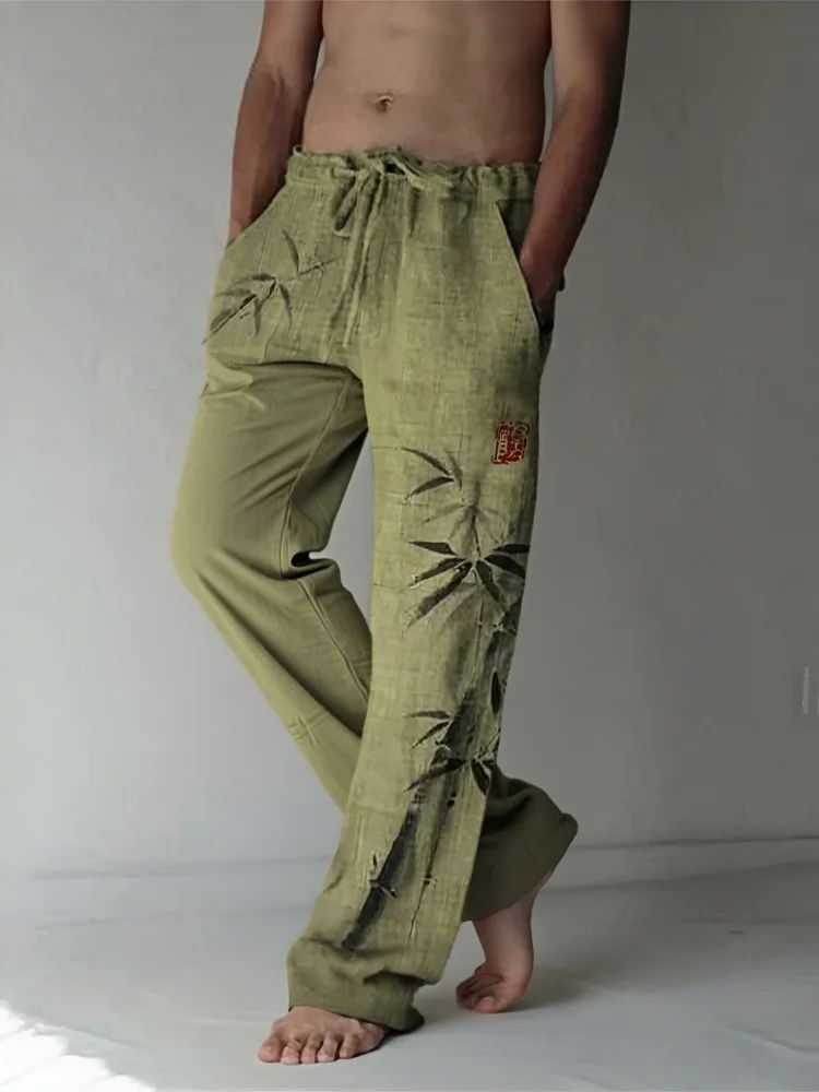 بسيطة الخيزران السراويل الرجال الخريف اليابانية الفن الكتان مزيج عارضة طويلة بنطلون مرونة الخصر عطلة الرجعية رجل الملابس قيعان #2