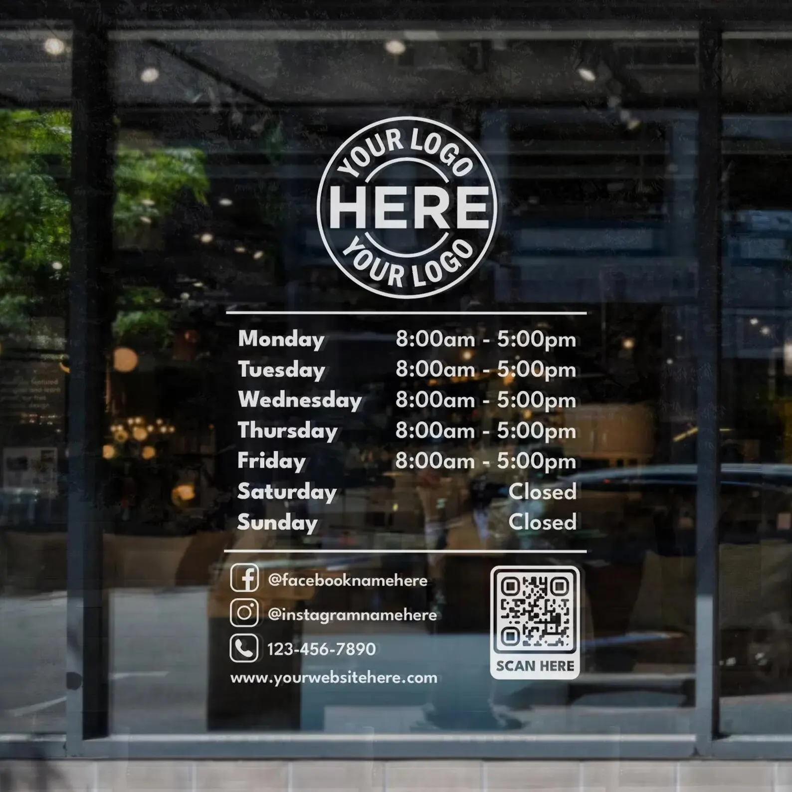 Custom Store Hours Decal: Business Window Sign with Logo & QR Code E620