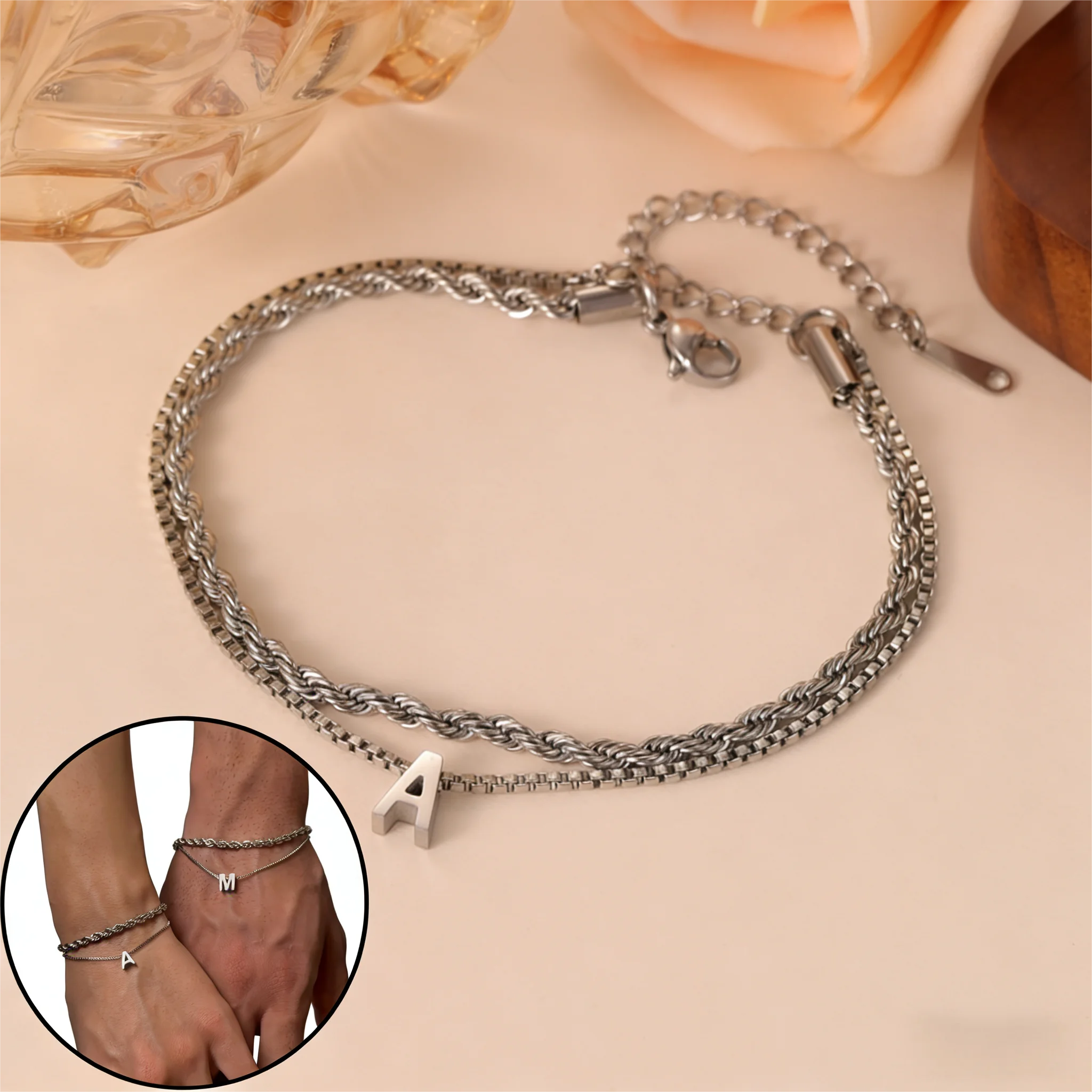 

Hot Selling Couple Initials Bracelet Stackable Bracelet Personalized Letter Bracelet Custom 3D Letter Charm Valentine's Day Gift