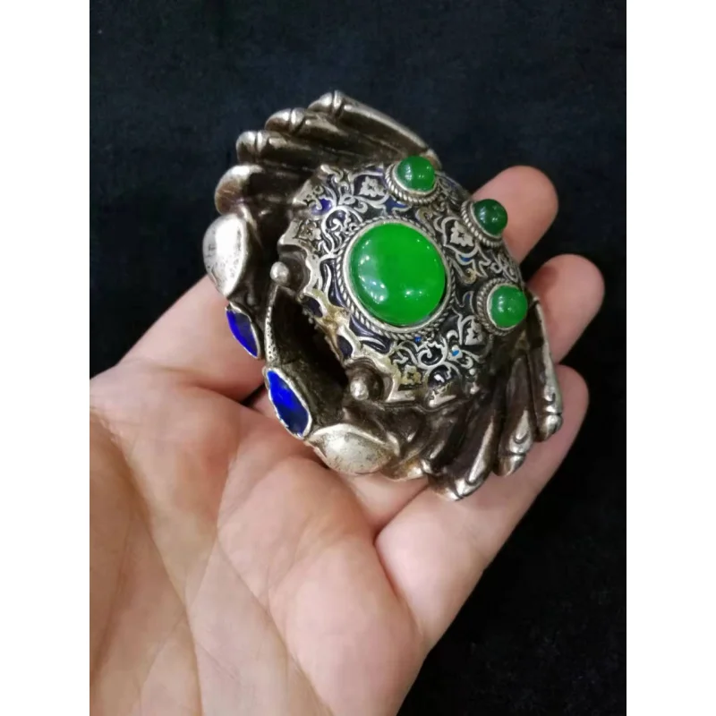 Old Silver Inlaid Emerald Beads Wealth Comes Every Ornaments Collected from Tibetan Areas