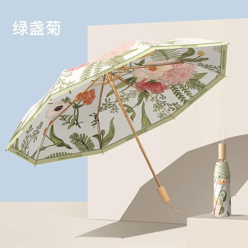 Double-sided Printed Solid Wood Handle Simple Folding Umbrella, Sun UV UPF50+ Protection Rain Umbrellas for Women