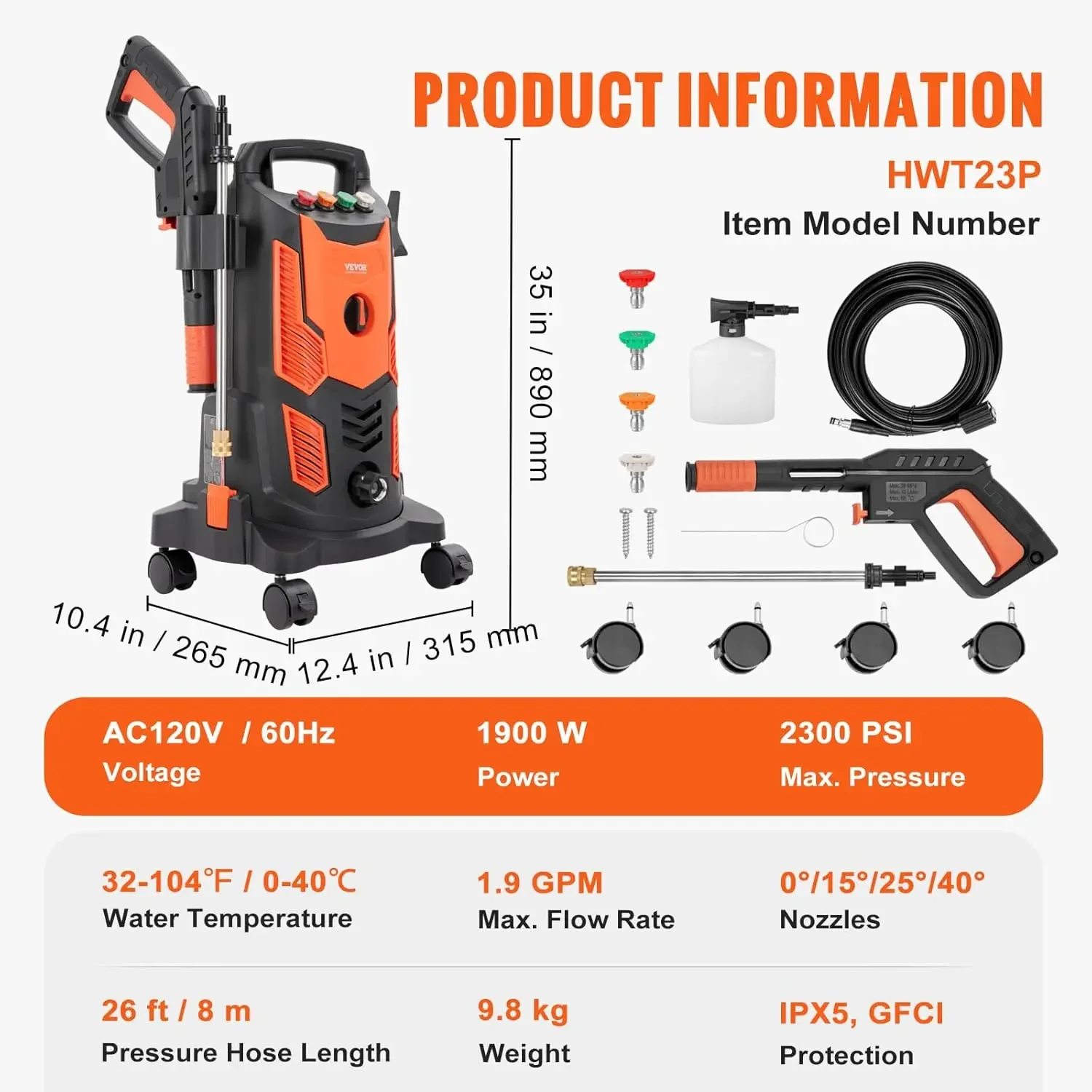 Electric Pressure Washer, 2300 PSI Max. 1.9 GPM, 1900W Power Washer w/ 26 ft Hose, 4 Quick Connect Nozzles, Foam Cannon