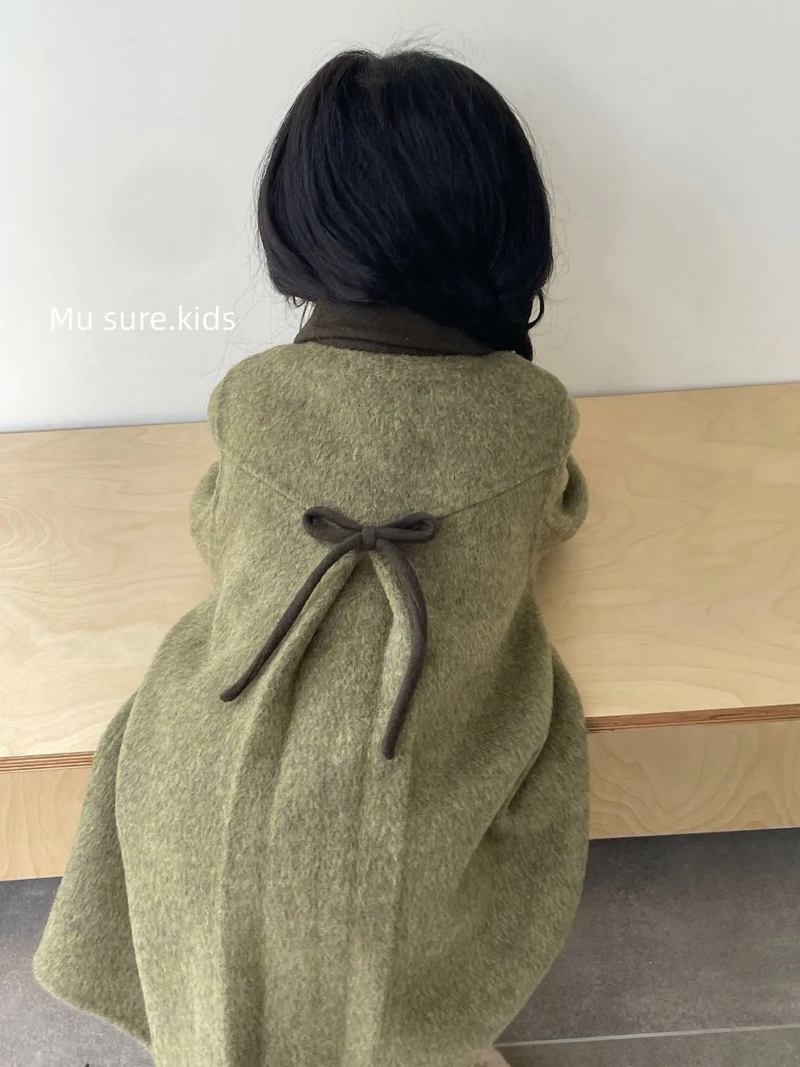 90-160 سنتيمتر الفتيات معطف الصوف الخريف/الشتاء جديد للأطفال الرجعية الأخضر طوق مزدوجة الوجهين المنسوجة القوس معطف