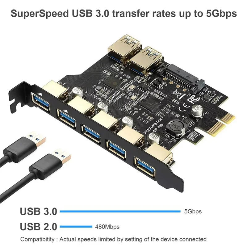 AC56-PCI-E USB 3.0 7 포트 확장 카드(15핀 SATA 전원 커넥터 포함) PCIE X1 USB3.0 어댑터 5Gbps