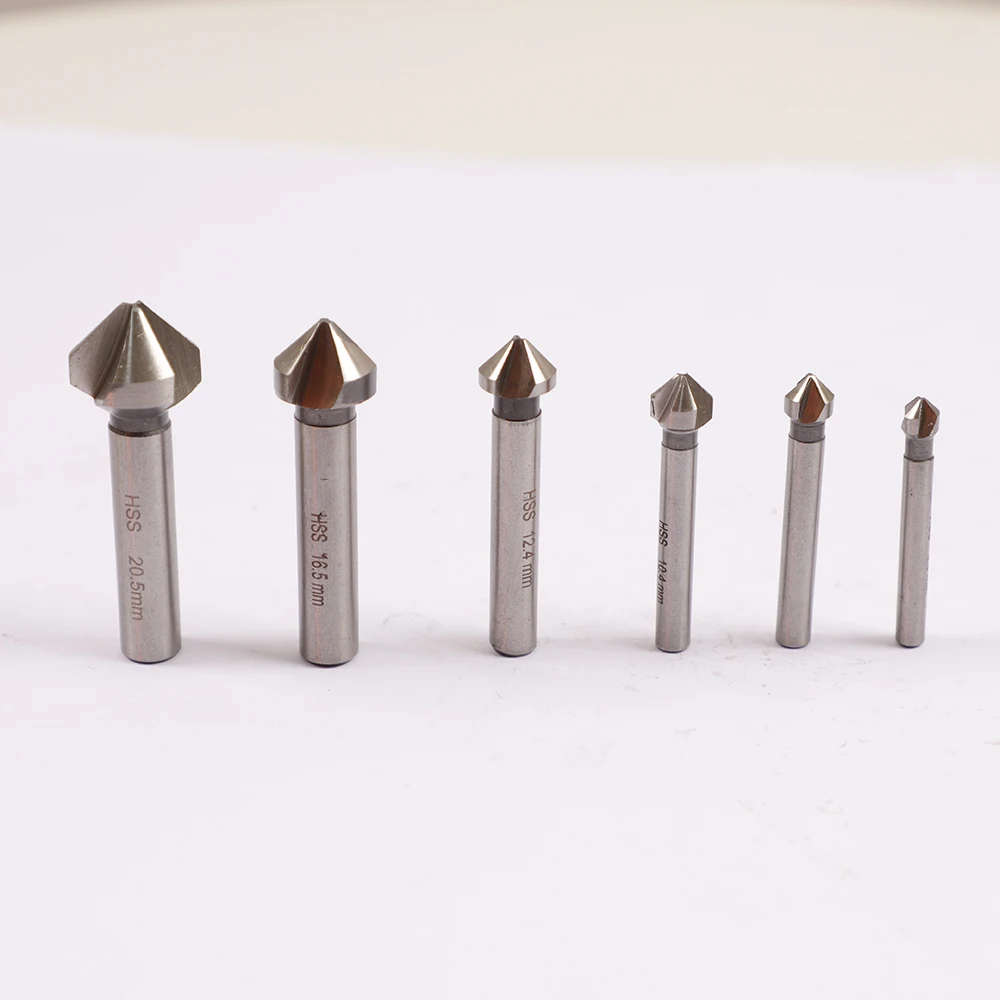 6Pcs 90 Degree Countersink Drill Bit Set 1/4\'\' Hex Shank HSS 5 Flute Countersink Wood Chamfering Cutter 6mm-19mm Chamfer Tools