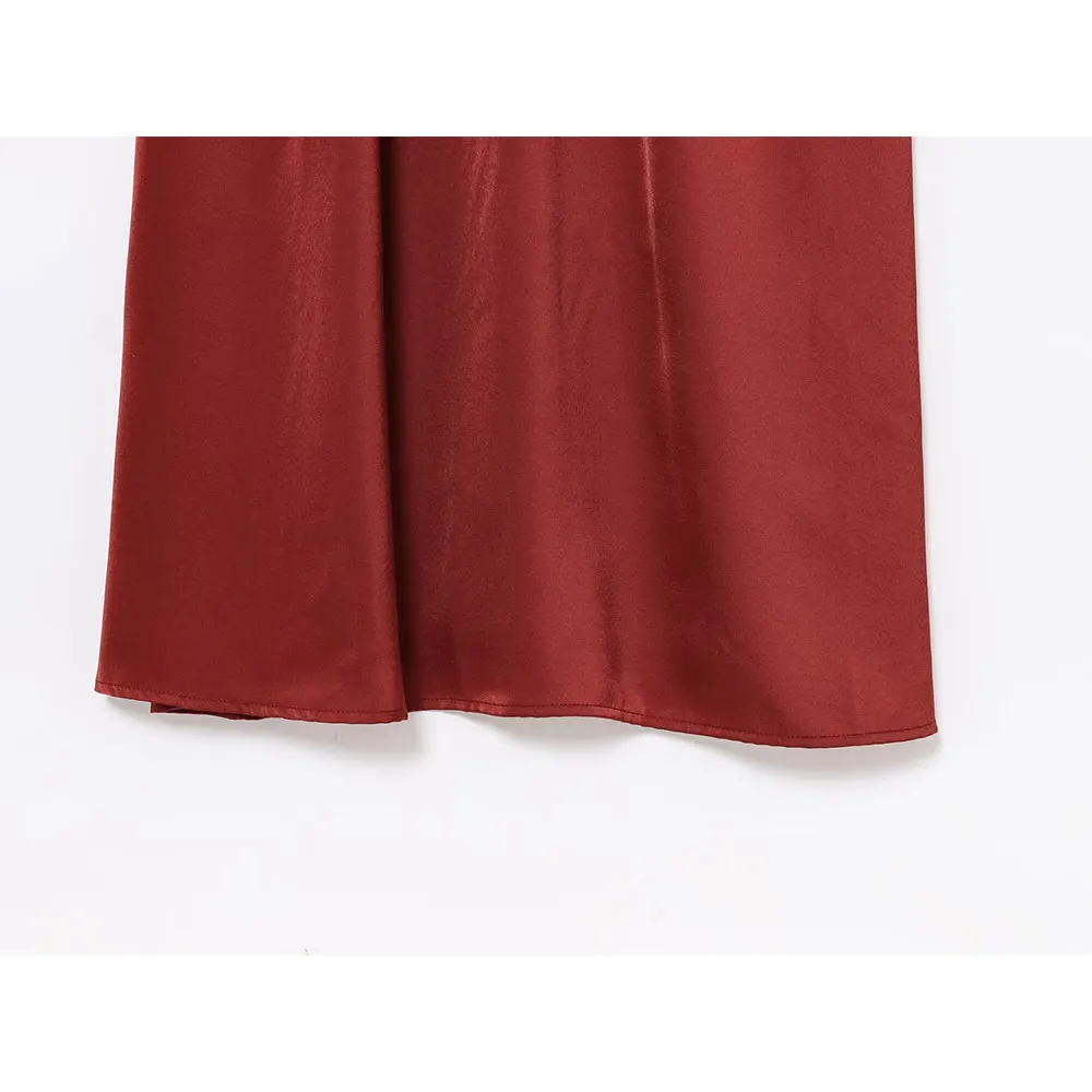 Willshela 女性ファッション赤いサテンちょう結びミディキャミソールドレスラウンドネックノースリーブ女性シックな女性カジュアル Mujer ロング Vestidos