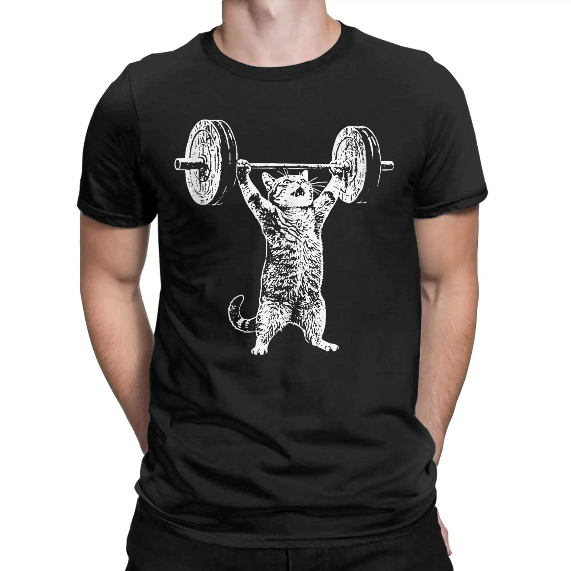 Vintage Retro Weight Lifting Gym Cat T Shirts Men Cotton Vintage T-Shirts Round Collar Tee Shirt Short Sleeve Clothes Plus Size