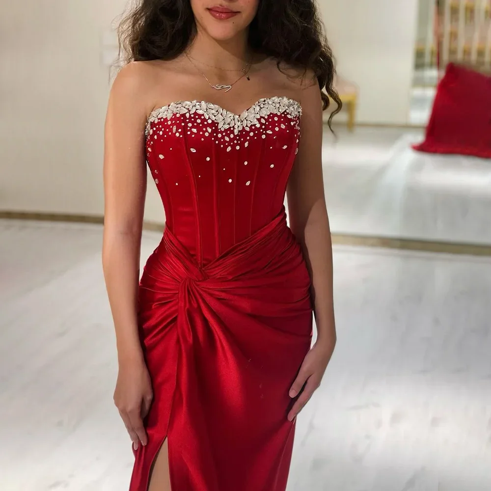 SERENE HILL Customized 2025 Arabic Red Strapless Beaded Mermaid Luxury Dubai Evening Gown Sexy Slit Women Party CLA72673