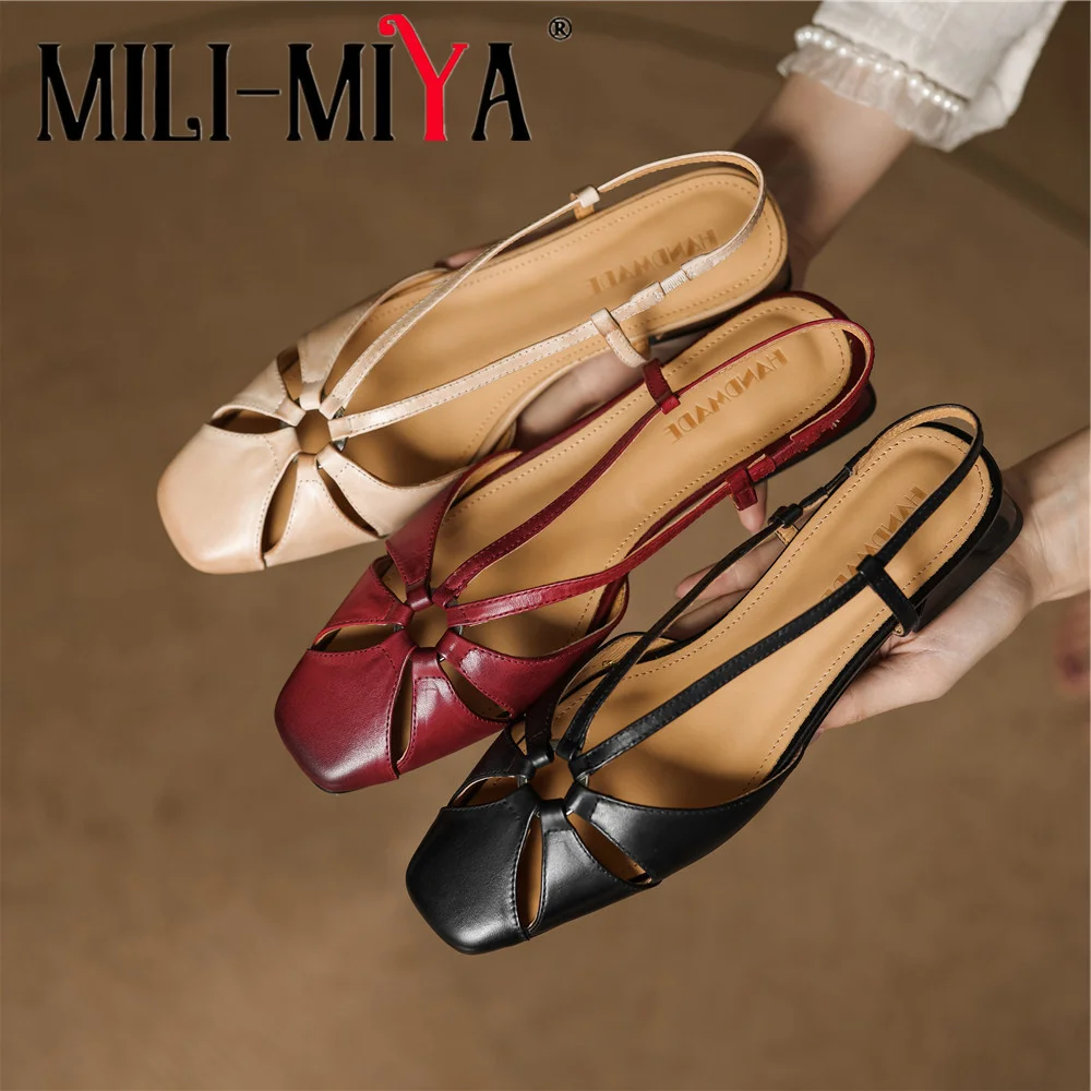 MILI-MIYA Women's Square-Toe Cow Leather Sandals With Comfortable Low Heels Solid Color Slip On Casual Summer Shoes For Ladies