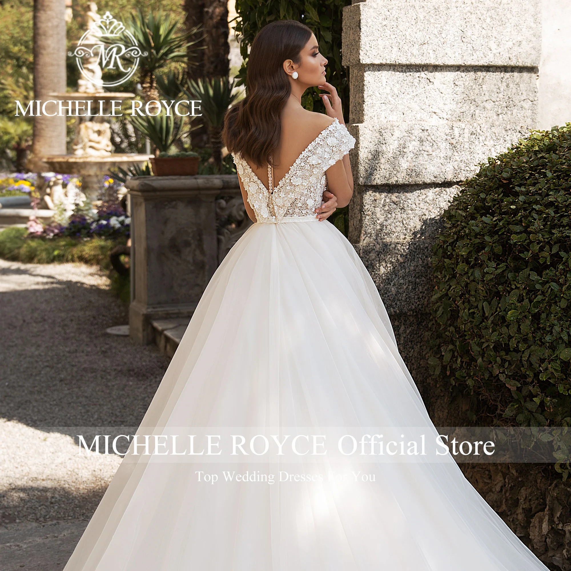 Michelle Royce-vestido De Novia sin espalda para mujer, traje De boda con cuello en V, hombros descubiertos, apliques, 2023