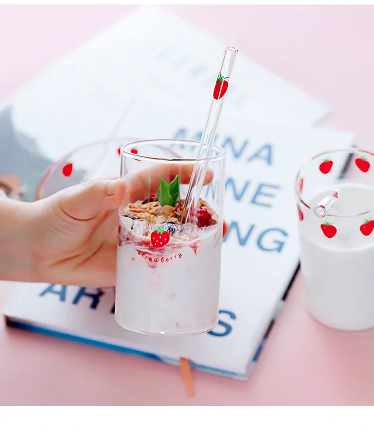 

Strawberry Cute Glass Cup 300ml Transparent Coffee Milk Water Cups Student Milk Heat Resistant Cold Drinks Without Straw Barware