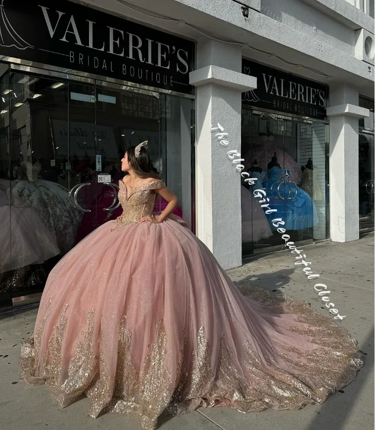 Luxury Pink Royal Princess Gown Exquisite Sheath Card Shoulder Sequins Prom Poncho Small V Neck Strappy Bow 15 Quinceanera Dress