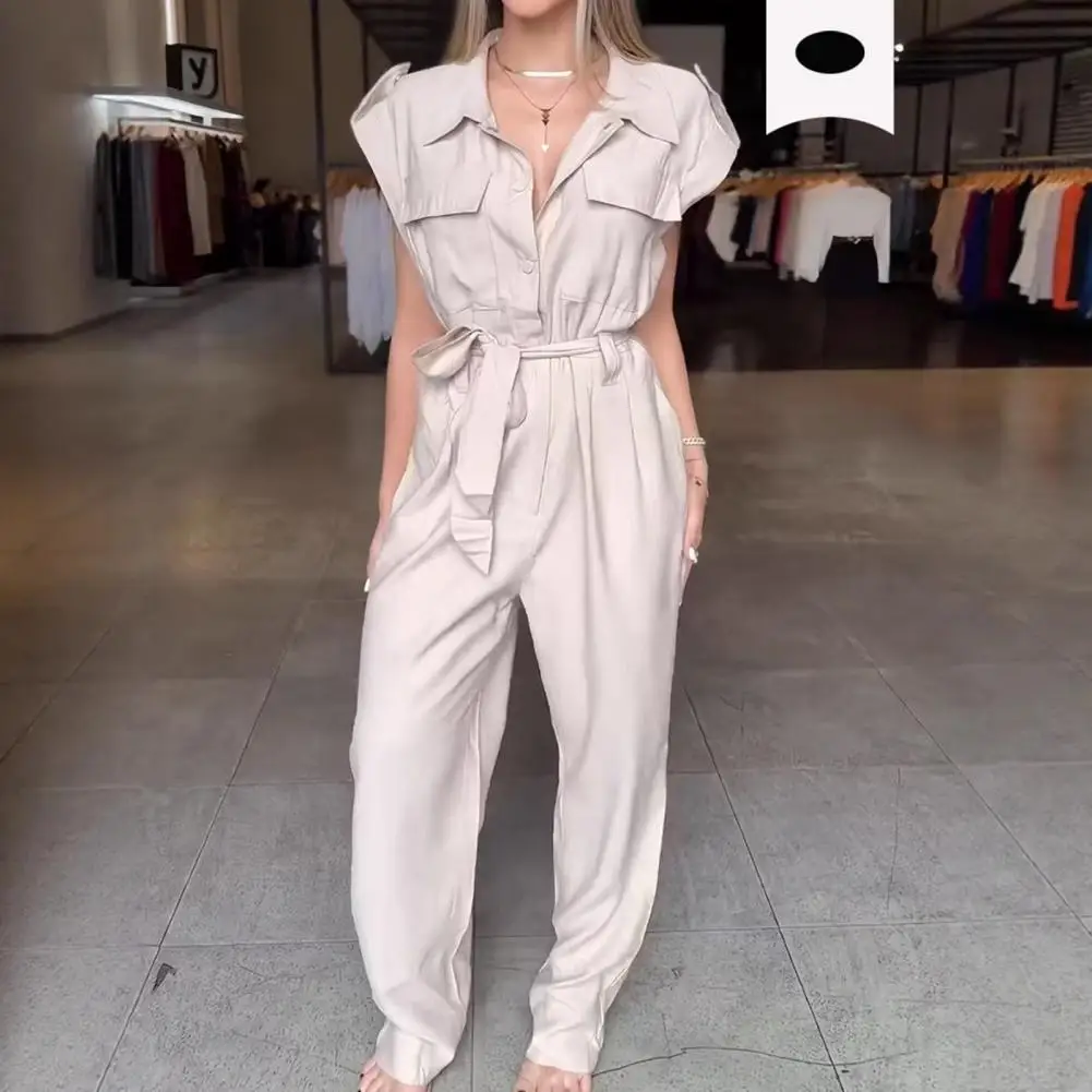 

Spring Summer Fashion Simple Solid Color Jumpsuit Women's Shirt Collar Short-sleeved Tie Temperament Commuting Jumpsuit Trousers