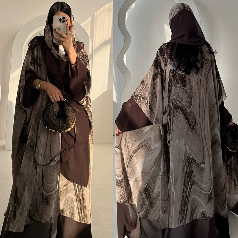 Jaqueta cardigã abaya estampada marrom com capuz islâmico, robe casual elegante com capuz, robe dubai feminino muçulmano