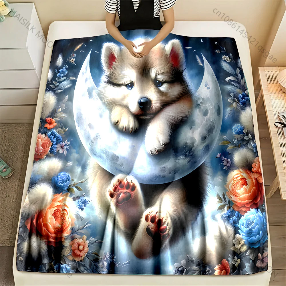 Puppy on the moon fantasy Print Blanket Flannel Material Soft Warm for All Seasons Home Outdoor Camping Picnics New Arrival