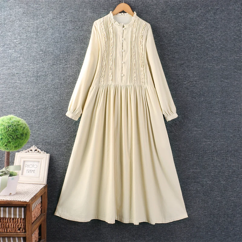 

Autumn Japanese Sweet Mori Girl Ruffled Collar Cotton Linen Shirt Dress Women Long Sleeve Casual Loose A-Line Midi Dresses