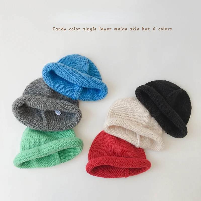 

Baby South Korea Boys and Girls Curling Hoods Melon Leather Caps for Kids Solid Color Children Woolen Beanie Hats Toddler Caps