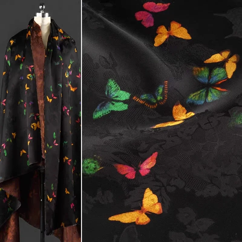 Black chiffon jacquard fabric fashionable colorful butterfly print dress DIY sewing fabric