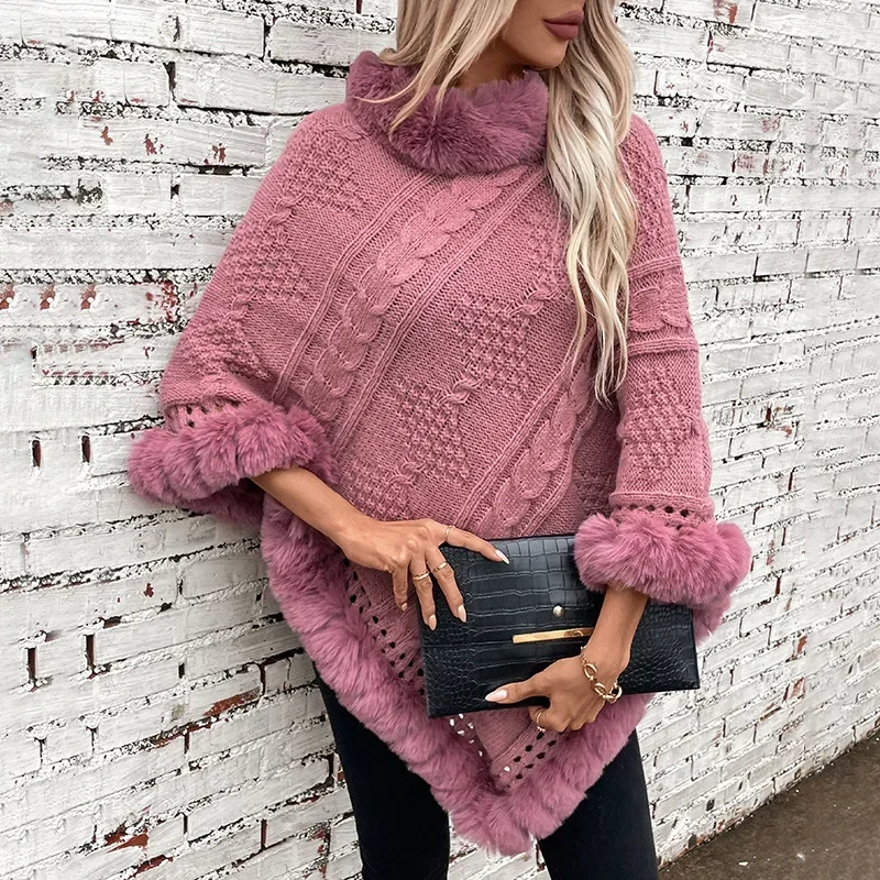 

2025 женский зимний свободный плащ больших размеров с воротником из искусственного кроличьего меха, женский свитер с грубым жареным тестом, пальто