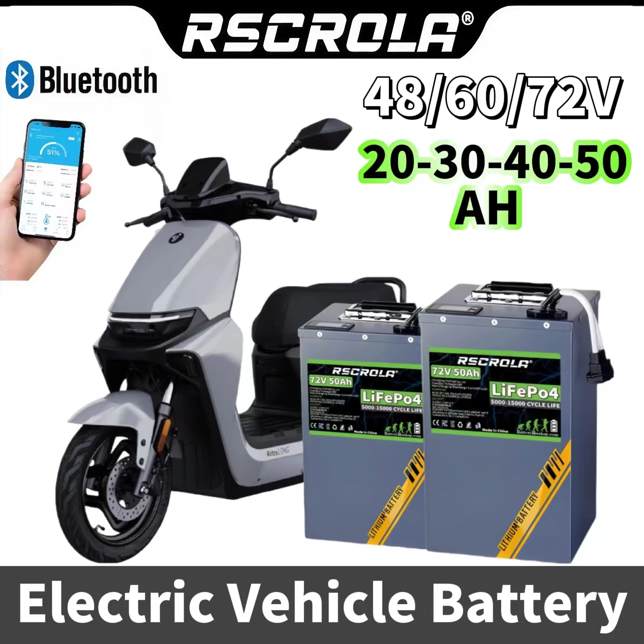 

Rscrola New48/60/72V Lifepo4 Car Battery 40Ah large capacity,With 50A BMS Bluetooth Used for 1000W electric motorcycle tricycles